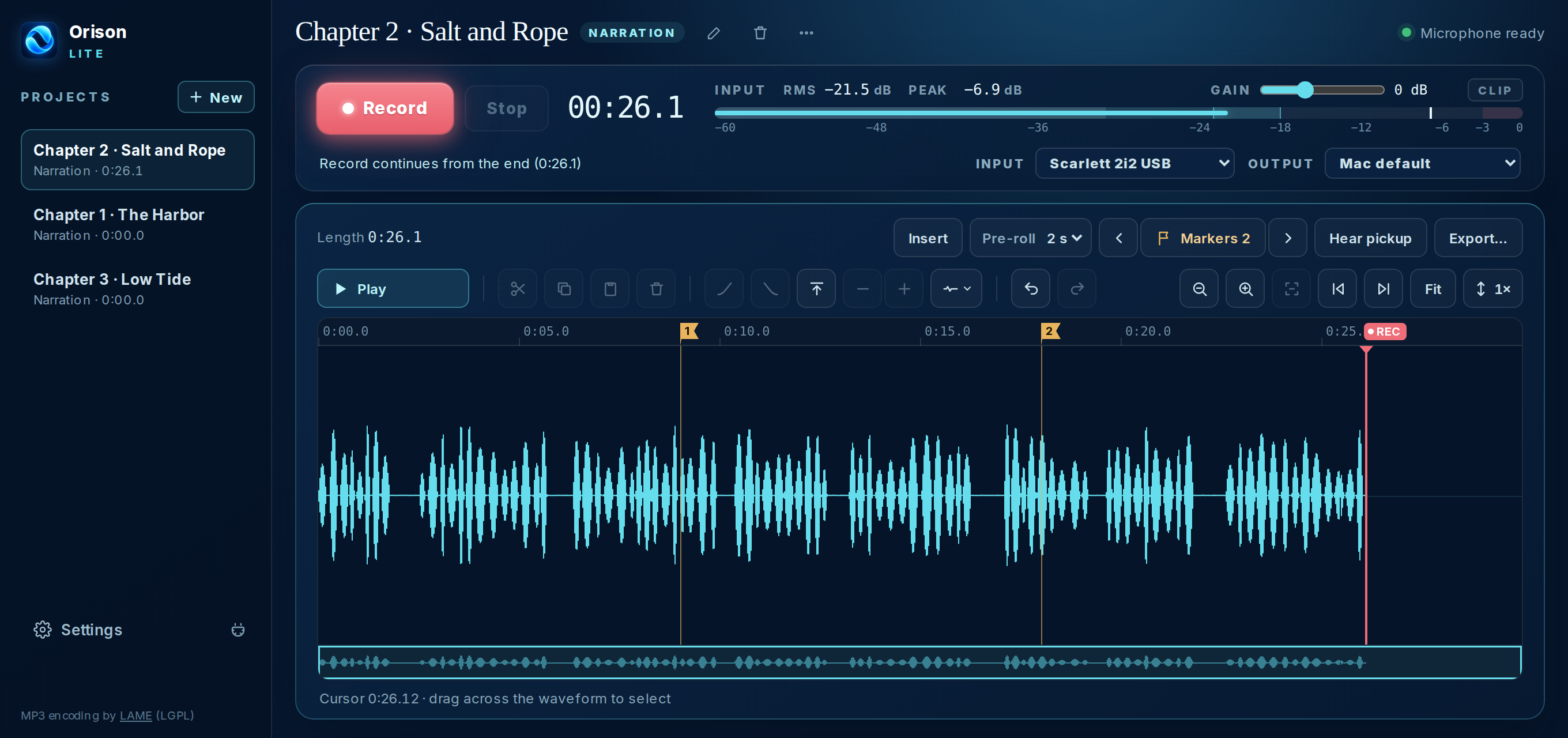 The Orison Lite window: a project list on the left, a Record button with a level meter across the top, and a waveform of a narrated chapter filling the rest of the screen.
